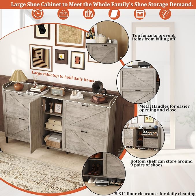 HOMEFORT Large Shoe Cabinet with 4 Flip Drawers, Farmhouse Narrow Shoe Organizer Cabinet for Entryway, Hidden Shoe Rack with Adjustable Side Cabinet for Boot Storage,6 Wood Legs, Washed Gray