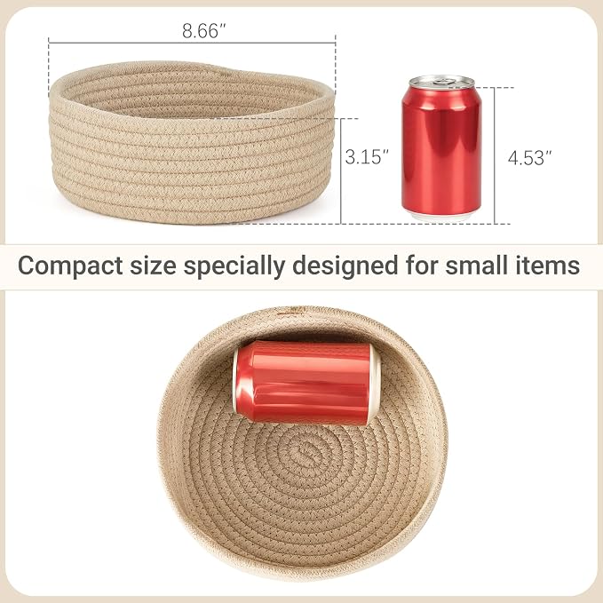 Dahey 4 Pcs Small Woven Storage Baskets for Gifts, 8.66"W x 3.15"H, Beige | Soft Odor-Free Cotton Rope, Open-Top, Tiny Round Basket, Multi-Use Organizing, Holds Cosmetics Keys for Bathroom Home Shelves