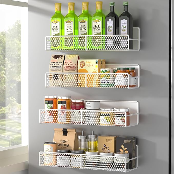 DTUQYX Magnetic Spice Rack for Refrigerator, 4 Pack 100% Metal Strong Magnet Fridge Shelves, Space Saving Spice Organizer, No Drilling Moveable Home Kitchen Laundry Room Storage Organization, White