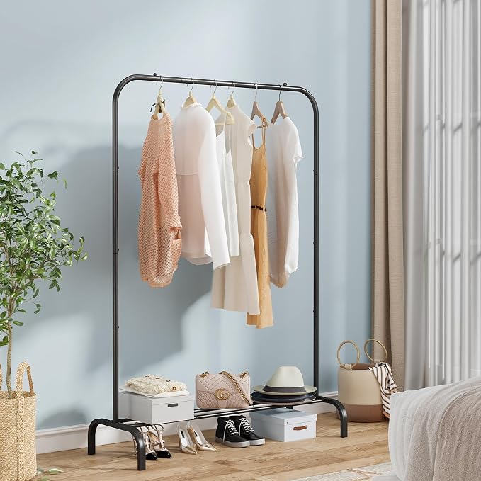 SUOERNUO Garment Racks with Bottom Shelf, Clothing Rack for Hanging Clothes | Metal Portable Clothes Shelves, Clothing Organizer for Bedroom Laundry Living Room, Black