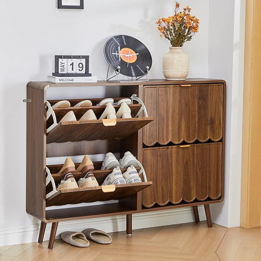 Shoe Storage Cabinet for Entryway with 4 Flip Drawers, Freestanding Narrow Wood Shoe Cabinet with Wave Panel, Hidden Shoe Organizer for Foyer, Hallway (Walnut)