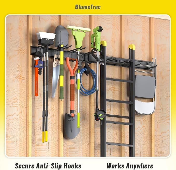 Garage Tool Organizer Wall Mount, 48" Heavy-Duty Metal Wall Organizer, 3 Rails with 6 Adjustable Hooks, Garden Storage Rack for Organization Sturdy Tool Hanging Holder for Shovel Shed Yard