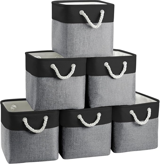 Cube Storage Bins, Collapsible Fabric Storage Cubes Bins, 11 Inch Cube Storage Bins with Handles, Foldable Storage Cubes (Black/Gray, 6Pack)