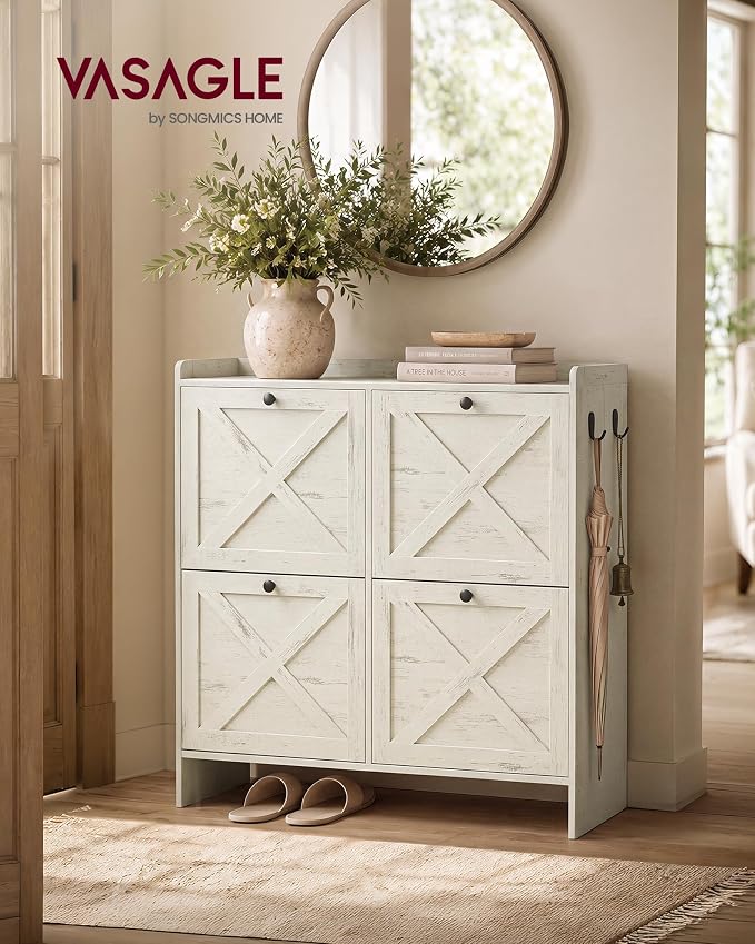 VASAGLE Shoe Storage Cabinet Organizer with 4 Flip Drawers, Freestanding Narrow Shoe Rack Cabinet for Entryway, Farmhouse Style, Fits 14 to 16 Pairs, Cloud White UHSC403WJ01