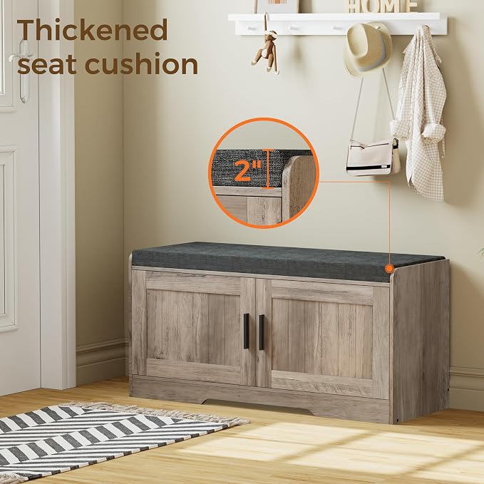 Homleke Shoe Storage Bench, 2 Doors & Thickened Padded Seat Cushion | 2-Tier Shoe Bench, Entryway Bench, Adjustable Shelf, 13.8" D x 37.4" W x 18.5" H, for Living Room, Bedroom, Greige