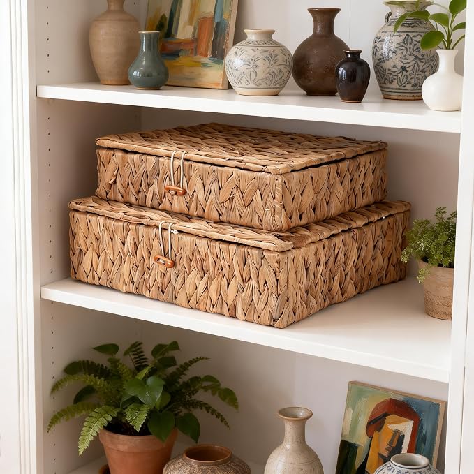 Wicker Storage Basket with Lid, Flat Water Hyacinth Baskets, Shallow Woven Basket for Shlef, Decorative Storage Boxes for Organizing