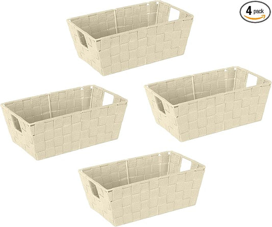 Simplify Small Shelf Woven Strap Tote | Decorative Storage Basket | Built in Handles | Organization | Closet | Bedroom | Bathroom | Nursery | Accessories | Toys | Gifts | 4 Pack | Ivory