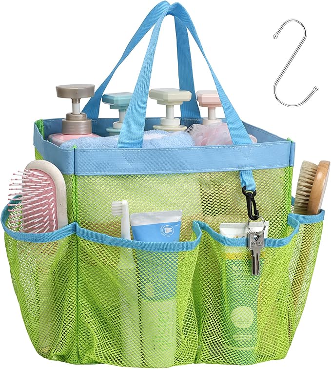Mesh Shower Caddy Portable - 8 Pockets, S-Hook, Shower Bag for Dorm Camping | 2-Handle, Quick-Dry, Toiletry Organizer, College Dorm Room Essentials for Girls, Gym, Travel & Bathroom, Fluorescent Green