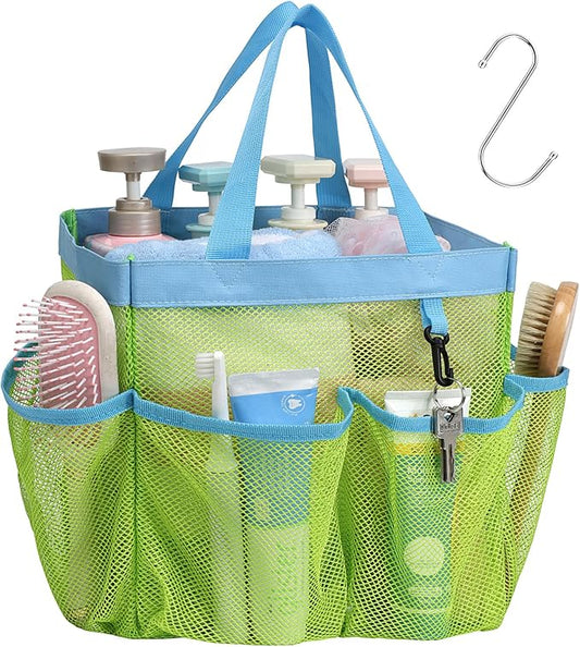 Mesh Shower Caddy Portable - 8 Pockets, S-Hook, Shower Bag for Dorm Camping | 2-Handle, Quick-Dry, Toiletry Organizer, College Dorm Room Essentials for Girls, Gym, Travel & Bathroom, Fluorescent Green
