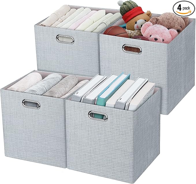 Posprica 3X Thicker Fabric Storage Cubes 13 inch Collapsible Storage Bins for Organization, Cubby Storage Baskets for Organizing Shelf Cabinet Bookcase Boxes, Set of 4, Silver Grey