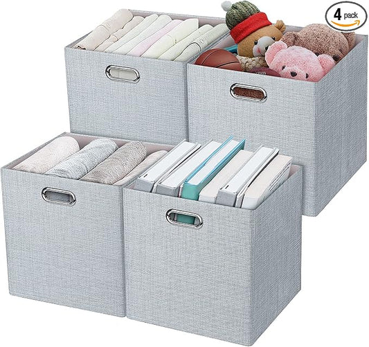 Posprica 3X Thicker Fabric Storage Cubes 13 inch Collapsible Storage Bins for Organization, Cubby Storage Baskets for Organizing Shelf Cabinet Bookcase Boxes, Set of 4, Silver Grey