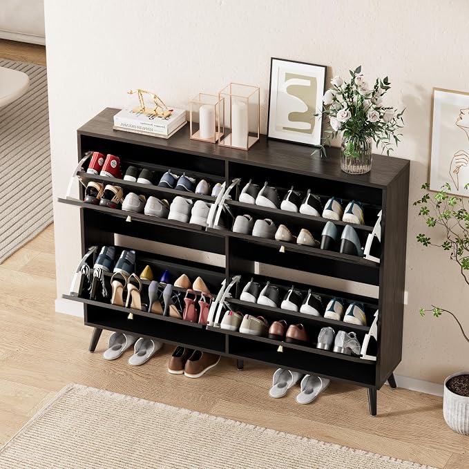 Fsbecl Shoe Storage Cabinet for Entryway with 4 Fluted Flip Drawers, Black | Narrow Design, Freestanding Shoe Rack with Adjustment Shelves, Wooden Hidden Organizer for Hallway Foyer, 16-24 Pairs