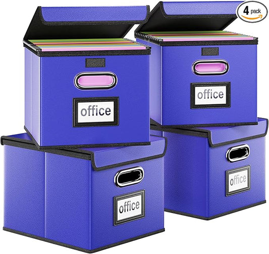 File Organizer Box with Lids, Collapsible File Folder Organizer | File Box with Plastic Slides for Document, Filing Bin for Letter Size Hanging File Folders (4 Pack, Navy Blue, Leather)