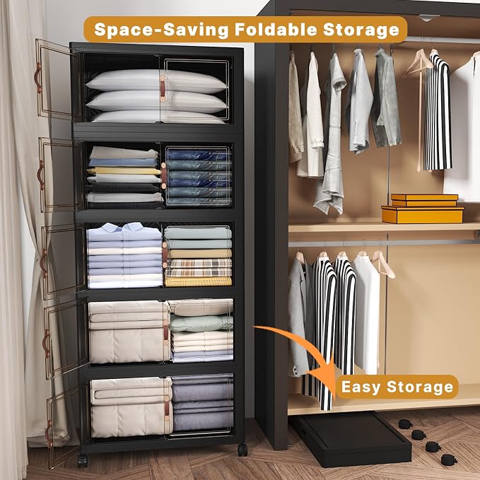 Stackable Storage Bins with Lids, 600QT Closet Organizers and Storage Cabinet with Doors & Wheels, Lockable Plastic Foldable Drawers for Bedroom Dorm Office Garage（120QT*5,Black）