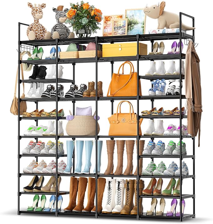 Kottwca 4 Row 10 Tier Large Shoe Rack Organizer for Closet Entryway, 72-80 Pair Shoe Boot Storage Rack, Metal Shoe Shelf Big Vertical Stackable Shoe Stand for Bedroom Corner