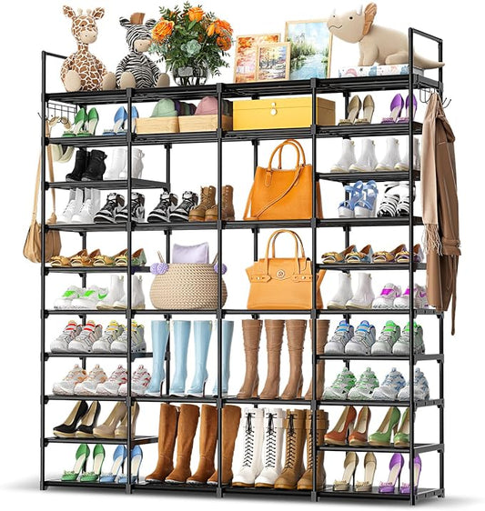 Kottwca 4 Row 10 Tier Large Shoe Rack Organizer for Closet Entryway, 72-80 Pair Shoe Boot Storage Rack, Metal Shoe Shelf Big Vertical Stackable Shoe Stand for Bedroom Corner