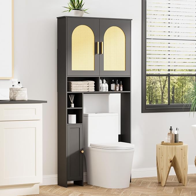Homhedy Wooden Over The Toilet Storage Cabinet, Natural and Black | Bathroom Organizer with Rattan Decorated Doors, Adjustable Shelves, Toilet Paper Holder, for Small Spaces