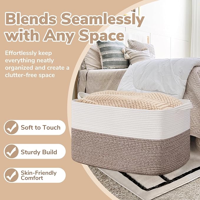 Goodpick Large Woven Blanket Basket with Handles, White & Brown | 21.6 x 14.9 x 11.8 in, Rectangle, Blankets, Toys & Towels Storage, Living Room, Bedroom & Nursery Organization