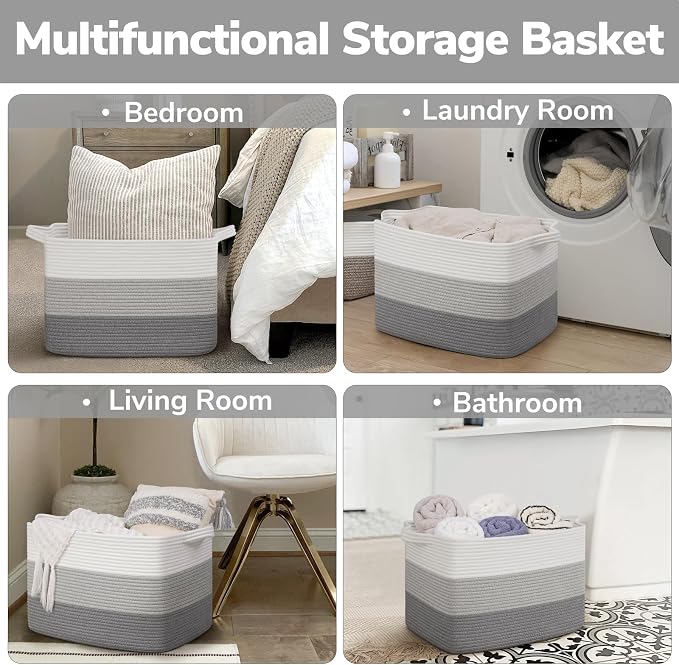 Goodpick 50L Large Woven Blanket Basket, 18" x 14" x 12", Gradient Gray | Blankets, Toys & Nursery Essentials Storage, Living Room & Bedroom Organization, Built-In Handles, Modern Home Decor