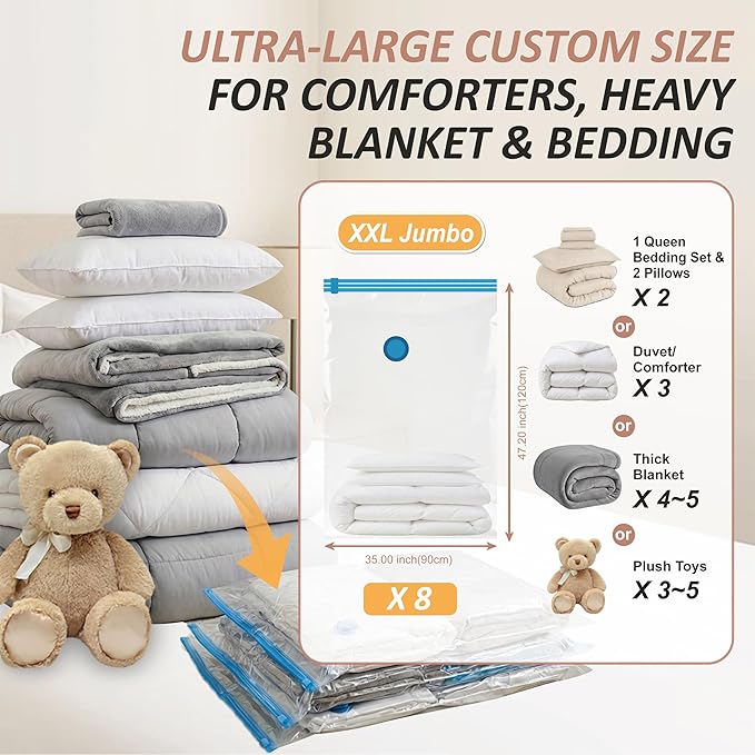 Cozy Essential Vacuum Storage Bags, 80% Compression Vacuum Seal Space Saver Plastic Packaging Bags for Clothes, Blankets, Pillow, Bedding, Comforters, Sealer Clothing Storage,8 XXL Jumbo