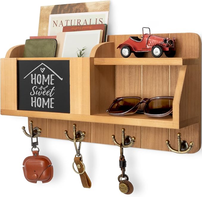 Rebee Vision Key Holder Wall Mount with Chalkboard for Home Decor, Yellow | Key Holder for Wall, 4 Key Hooks, Floating Shelf, Mail Organizer, Home Decor, Apartment Essentials for Home Improvement
