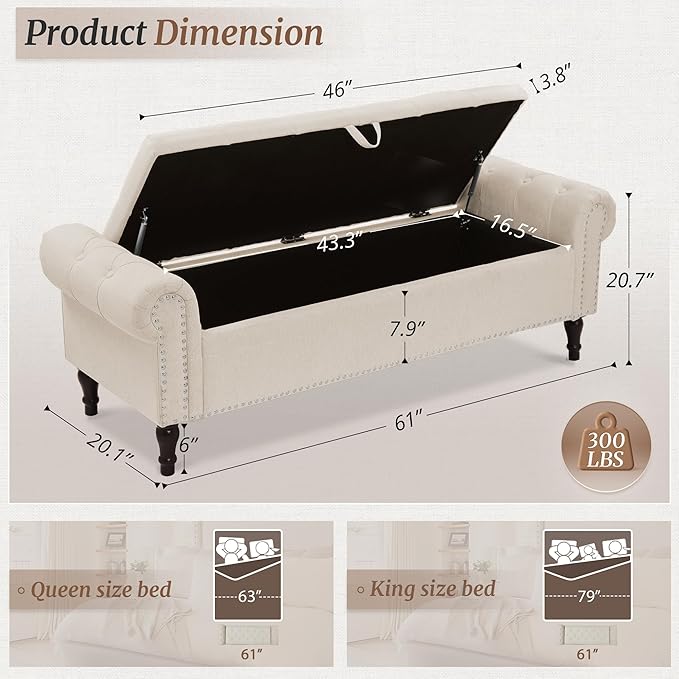 Cozyman Storage Bench Ottoman, 61" King Linen Rolled Arm Bedroom End of Bed Bench, Window Bench with Button Tufted and Nailhead Trim for Foot of Bed Bench, Bedroom, Entryway, Living Room, Linen Color