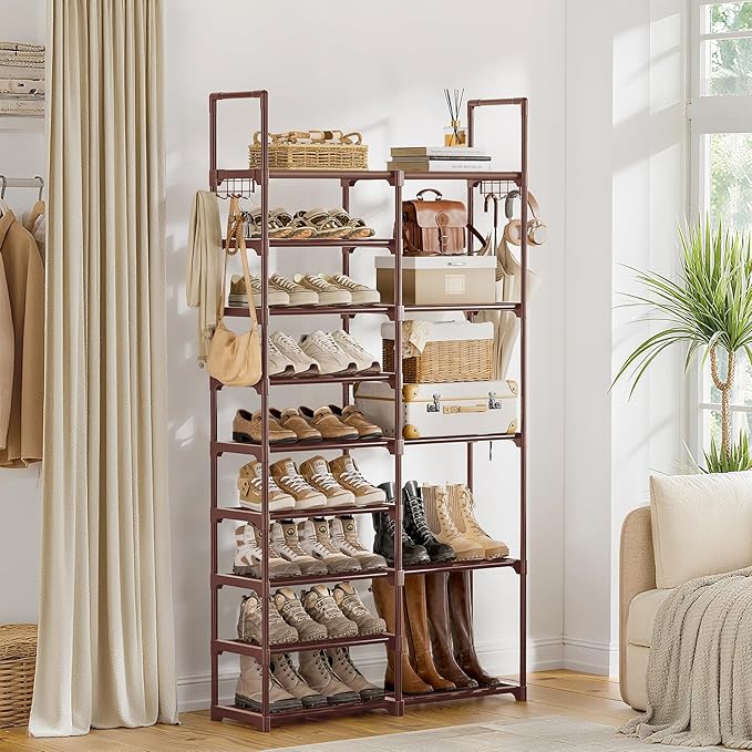 WOWLIVE 9 Tier 2-Column Shoe Rack, 30-35 Pairs Stackable Brown | Compact 33.75in long fits narrow spaces. Removable layers for boots/heels. Split design for flexible layout.