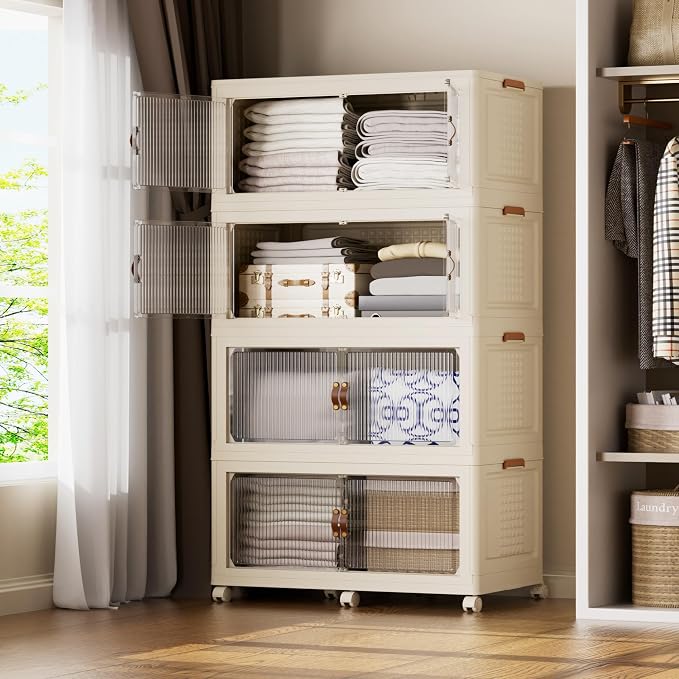 SAILUN 190Gal/760Qt Stackable Storage Bins Folding Collapsible Storage Bins with Lid, Closet Organizers and Storage Box with Door Cream 33.5" W x 19" D x 69" H