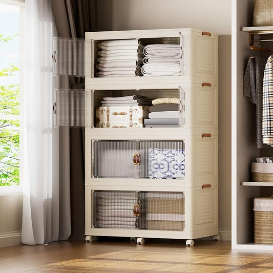 SAILUN 190Gal/760Qt Stackable Storage Bins Folding Collapsible Storage Bins with Lid, Closet Organizers and Storage Box with Door Cream 33.5" W x 19" D x 69" H