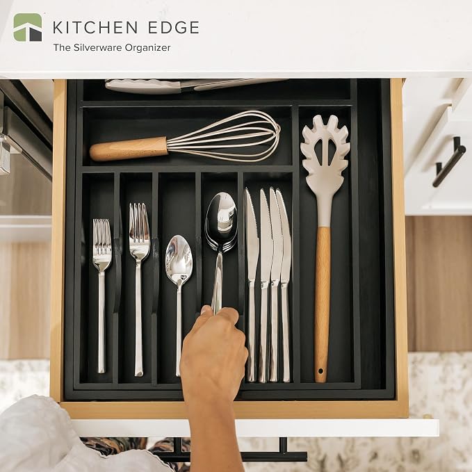 KitchenEdge Silverware & Utensil Drawer Organizer, 14.5-25 in, Black Bamboo | Cutlery, flatware, food-safe contract grade, kitchen drawer fit