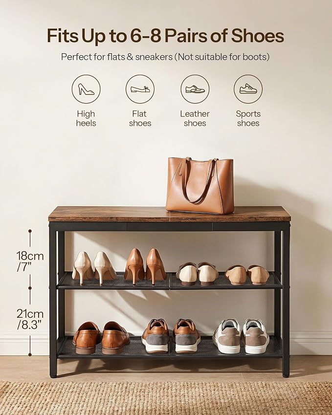 HOOBRO Shoe Bench, 3-Tier Shoe Rack, Industrial Shoe Organizer Storage Bench, 29.5 inches Entry Bench with Mesh Shelves, for Entryway, Living Room, Hallway, Easy Assembly, Rustic Brown BF75HX01