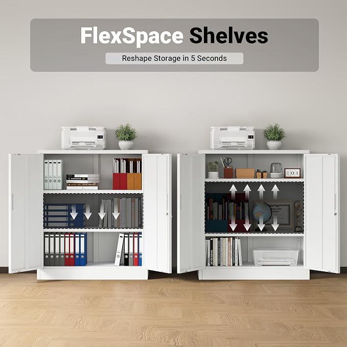 CJF Metal Storage Cabinet, 36" H Locking Storage Cabinet with Shelves and Doors for Home Office, Garage, Utility Room, Entryway(White)