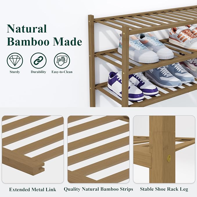 Smiry Bamboo Shoe Rack, 14 Vertical Slats, 3 Tier - 26.8" Wide, Walnut | Stackable Free Standing Wooden Shoe Organizer, Wood Shoe Storage Shelf for Closet, Entryway, Thicher Leg