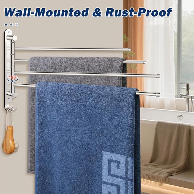 NearMoon Swivel Towel Rack, 19.5" Thicken 304 Stainless Steel 4-Arm Towel Bar, Space Saving Wall Mounted Towel Holder with Hook, Rustproof Swing Out Towel Hanger for Bathroom, Kitchen (Matte Black)