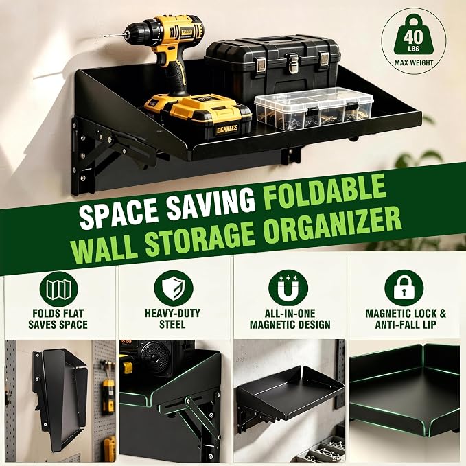 ULIBERMAGNET Magnetic Folding Shelf, 40LBS Heavy Duty Magnetic Mounted Rack for Garage, Workshop, RV,Power Tools,Toolbox,1Set Storage Shelves with Lip for Workshop Kitchen Office
