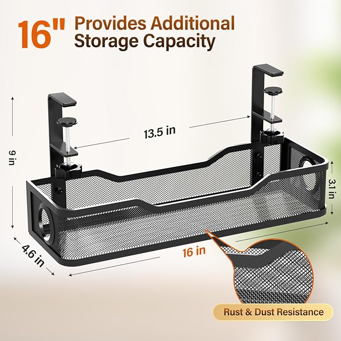 [Upgraded] 2 Pack Under Desk Cable Management Tray, Cinati Cord Organizers for Table Thickness up to 3", 16" Wire Organization with Clamp No Drill, Cable Management Box for Office - No Damage to Desk