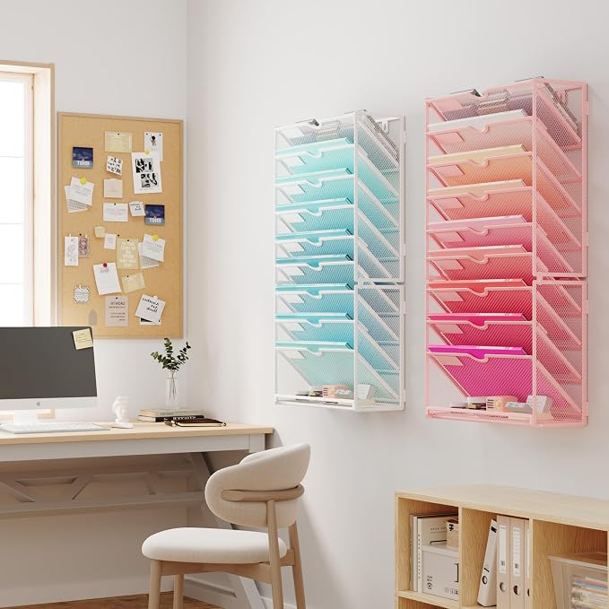 Lavatino 10-Tier Hanging Wall File Folders Organizer - Pink Metal Mesh Paper Magazine Document Mail Holder File Organizer for Office School Home Wall Mount or Desk Supplies Organization