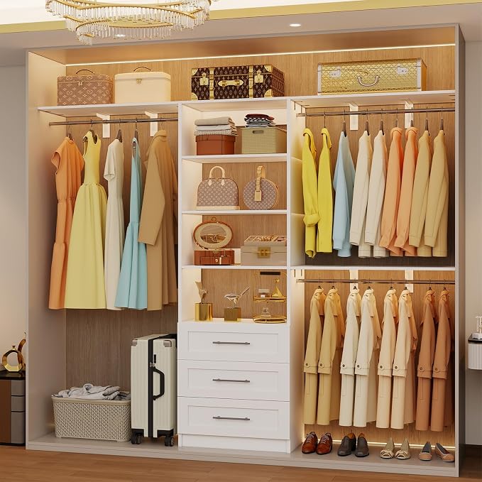 Closet System with Drawers, 5-7.61FT Closet Organizer System with Cuttable Shelves & 3 Expandable Hanging Rods, 96” Walk in Closet Organizer Storage System, Modular Closet Systems Adjustable, White