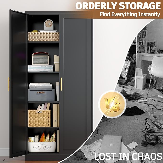 71”Tall Kitchen Pantry Cabinet, Metal Storage Cabinet with Doors and Shelves (Black)