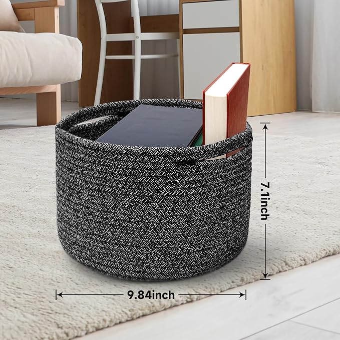 3 Pack Small Rope Storage Baskets, 9.82×9.82×7.1", Black | Cotton Basket for Gifts Empty, Cute Round Woven Basket, Decorative Shelf Basket Organizer, Organizing Basket for Shelves
