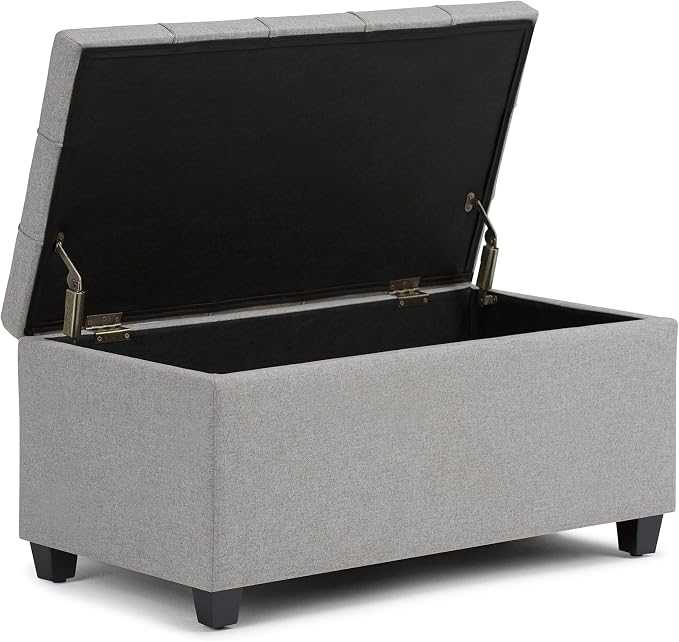 SIMPLIHOME Shiloh 48" Wide Vegan Leather Ottoman in Chestnut Brown | Transitional ottoman with tufting and lift-up lid; rectangle storage bench for living room or entryway.