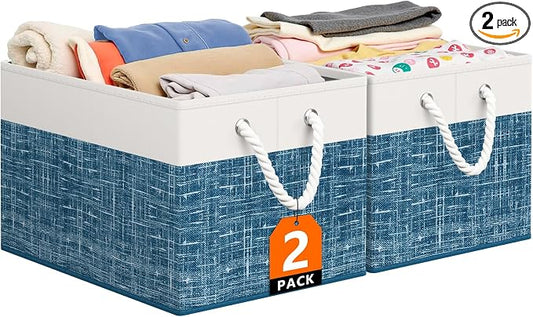 StorageTastic Storage Bin,Collapsible Storage Basket | For Organizing,Large Storage Boxes With Rope Handles,Storage Containers,White & Blue,2 Pack
