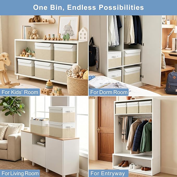 Bagnizer Large 22 Quart Linen Fabric Foldable Storage Bin Cube Organizer Basket with Flip-Top Lid & Handles, Clothes Blanket Box for Home, Office, Closet, Beige & White, 4 Pack 14.6 x 9.5 x 9.5”