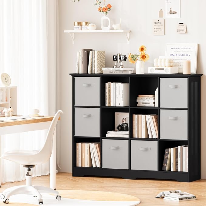 12 Cube Storage Organizer Shelf, Wood Cubby Storage with 6 Fabric Drawers | 3 Tier Wooden Bookshelf with 2 Adjustable Shelves, Fluted Side Panels Bookcase for Records, Books, Ornaments