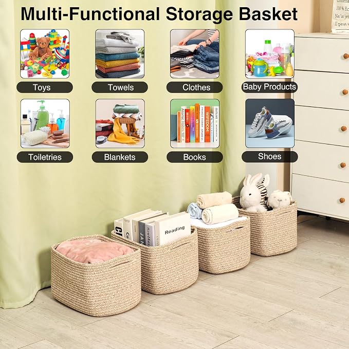 ICERZCZ Small Storage Baskets for Shelves Organizing, Woven Cotton Rope Baskets for Storage, Book Basket, Decorative Shelf Basket, 12.5"Lx9.1''Wx7.9''H (4 Packs) Mixed Brown