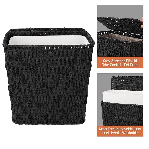 Coeusy 3 Gallon Paper Rope Bathroom Trash Can,Small Wicker Trash Cans with Lid and Liner,Woven Rattan Narrow Waste Basket for Bedroom,Office,Black