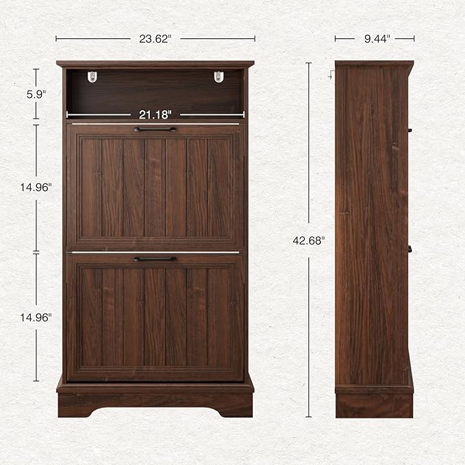 24" W Hidden Shoe Storage Cabinet with 2 Flip Drawers & Open Storage | Farmhouse Modern Shoes Rack Cabinet,Adjustable Shelves, Narrow Slim Shoes Organizer for Front Door Entrance, Entryway, Walnut