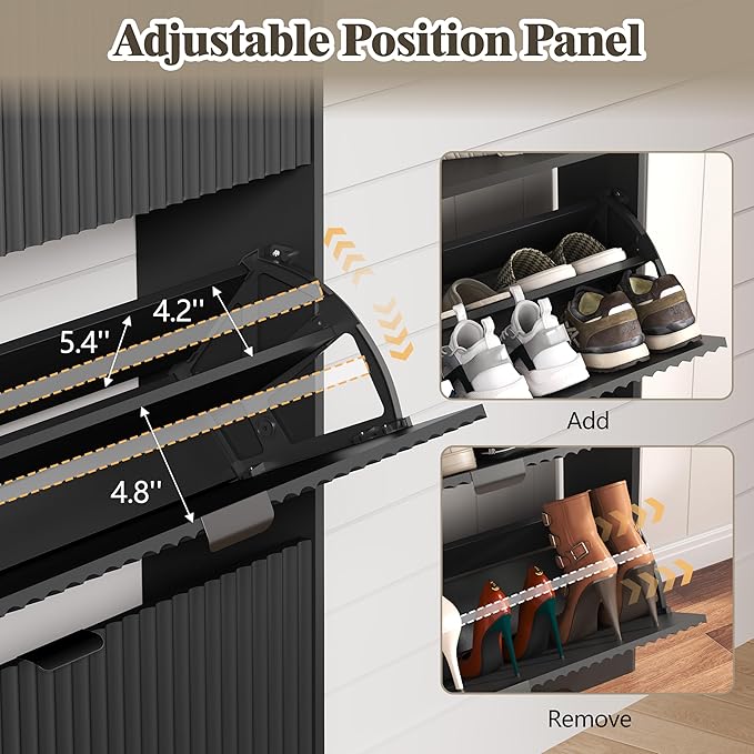 Shoe Cabinet Storage for Entryway with 4 Flip Drawers, Fluted Narrow Shoe Organizer with Wooden Legs & Top Cubby, Freestanding Slim Shoe Storage Hidden Shoe Rack for Front Door Entrance, Black