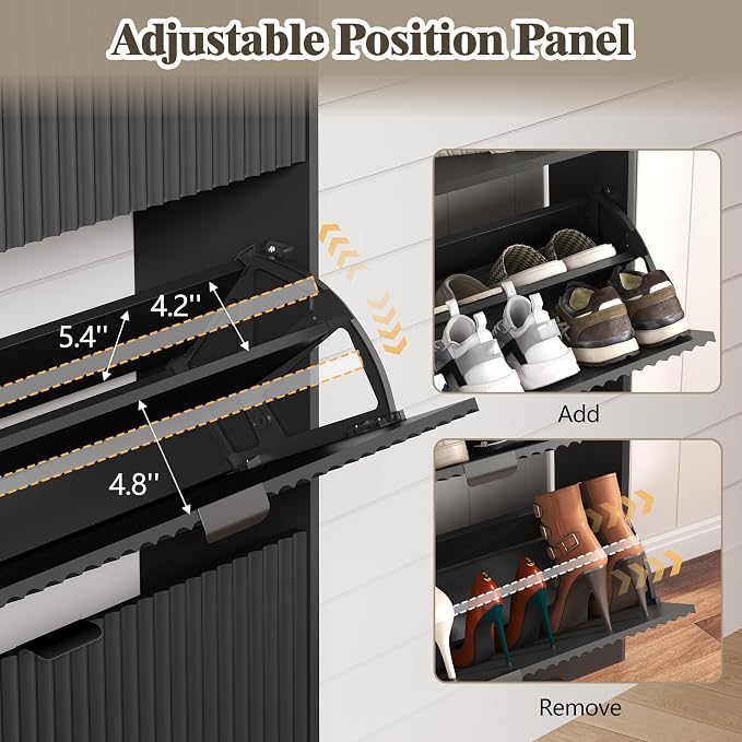 HUANLEGO Shoe Cabinet Storage for Entryway with 6 Flip Drawers, Fluted Narrow Shoe Organizer with Wooden Legs, Freestanding Slim Shoe Storage Hidden Shoe Rack Organizer for Front Door Entrance, Black