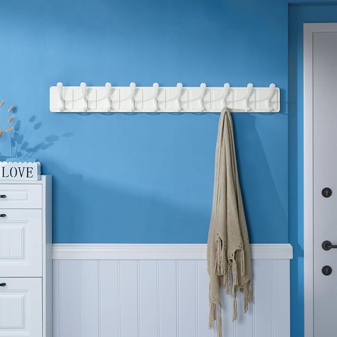 SKOLOO Scandi-Style Wooden Carved-Block Coat Hook, Wall Coat Hanger with 10 Hooks for Hanging Clothing, Hats, Scarves, White